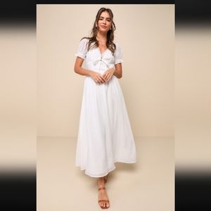 Angelic Expression Ivory Ruffled Puff Sleeve Backless Midi Dress NWT